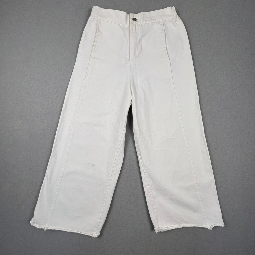 Wide Leg Pants Womens 8 White Cotton High Rise Raw Hem Casual Summer Boho TEMT